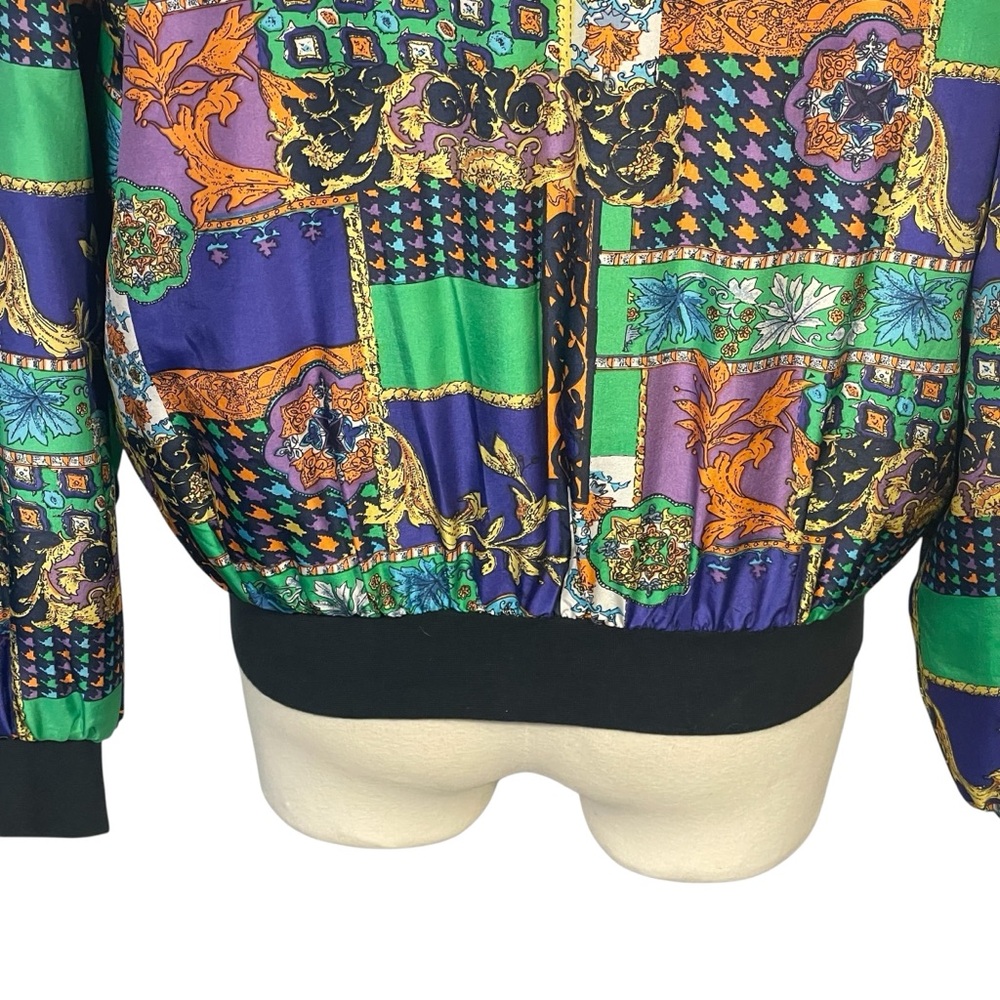 K Arnold 100% Silk Vintage Multicolor Patchwork Bohemian Bomber Jacket Sz S - Picture 7 of 9